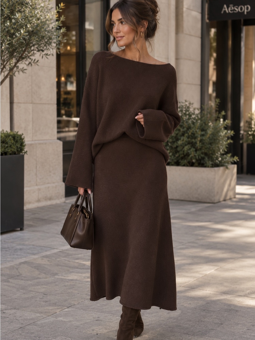 COMMENSE Oversized Sweater Two-Piece Skirt Set 🤎